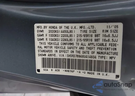 2006 Honda Cr-V Se из США, поврежденный, VIN SHSRD78946U414604